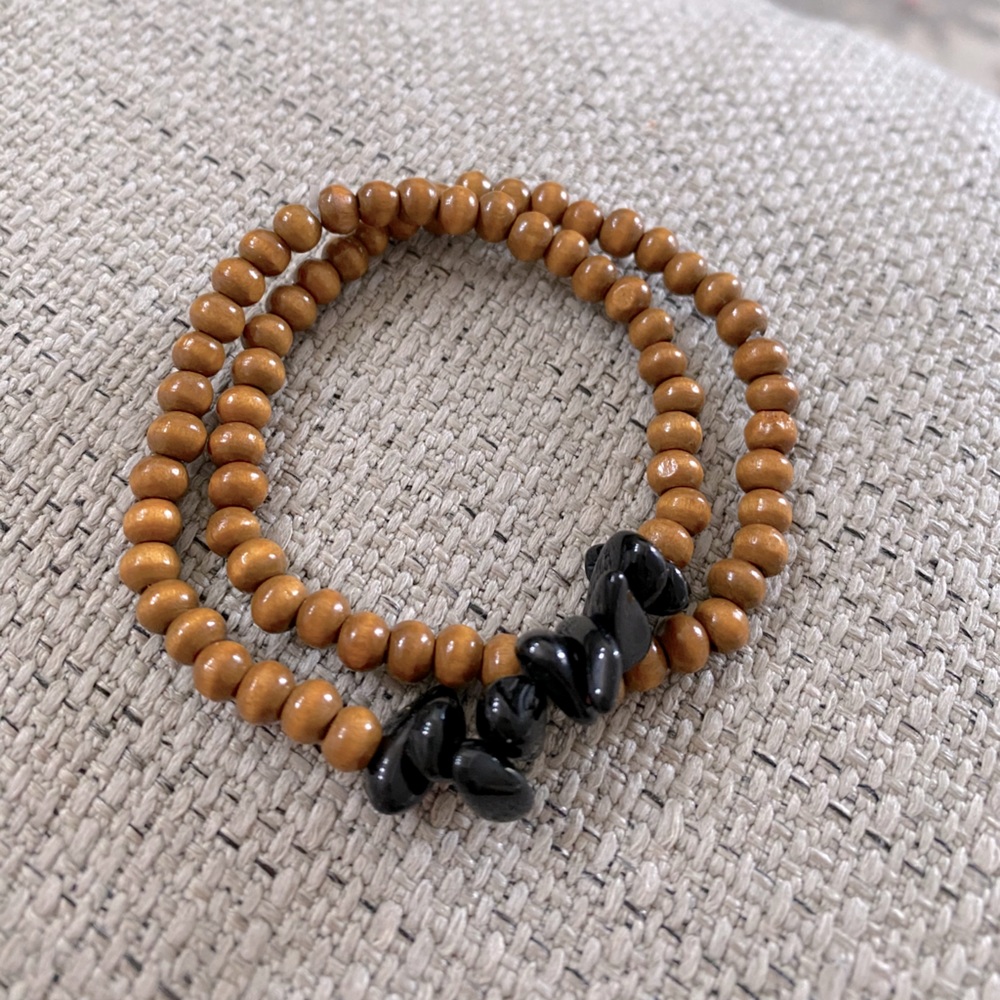 Obsidian wood bead bracelet